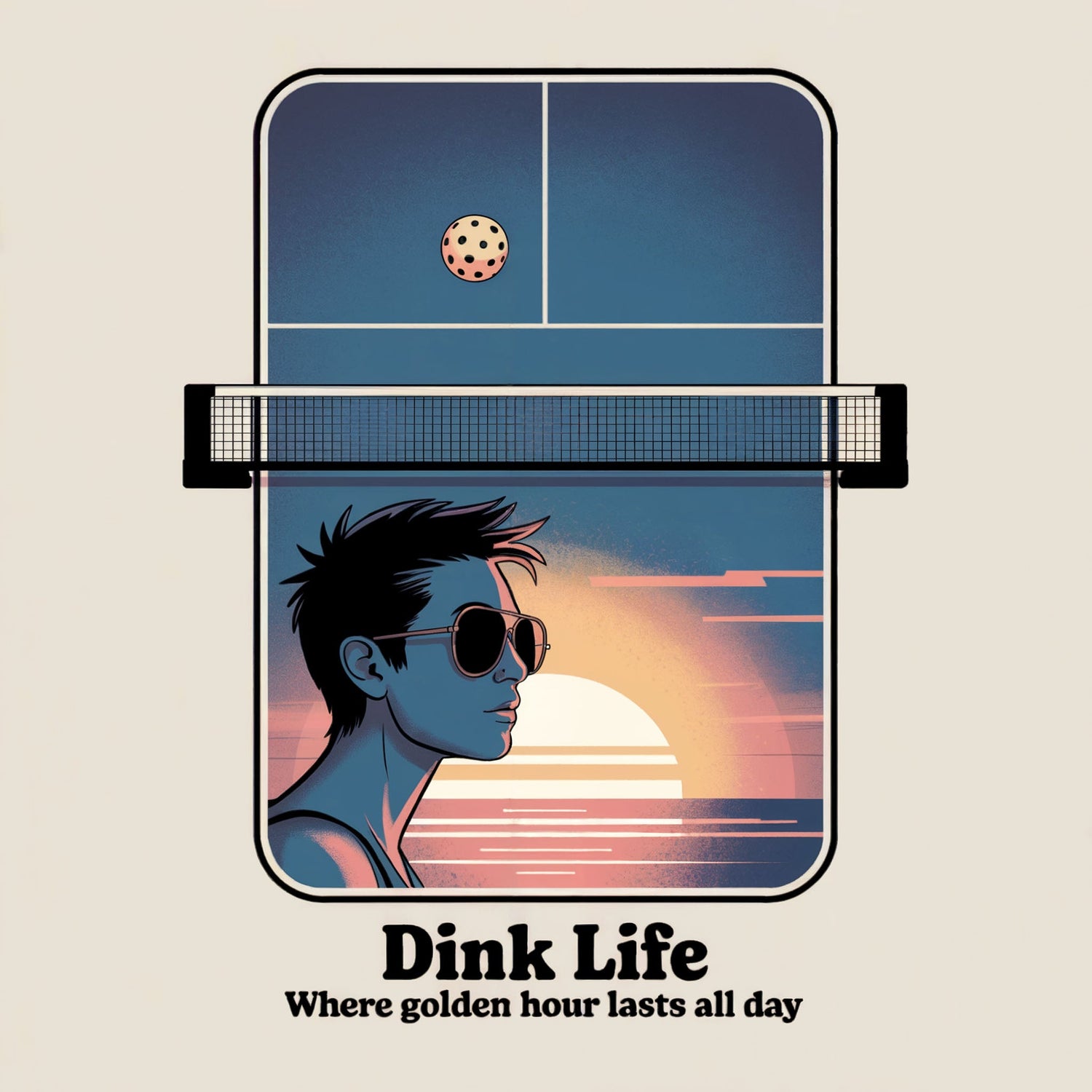 Dink Life collection: player with aviator sunglasses on pickleball court at golden hour with sunset