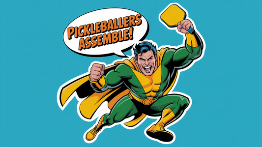 Pickleballers Assemble! Hall of Pickleball die-cut sticker — superhero in gold and green with paddle